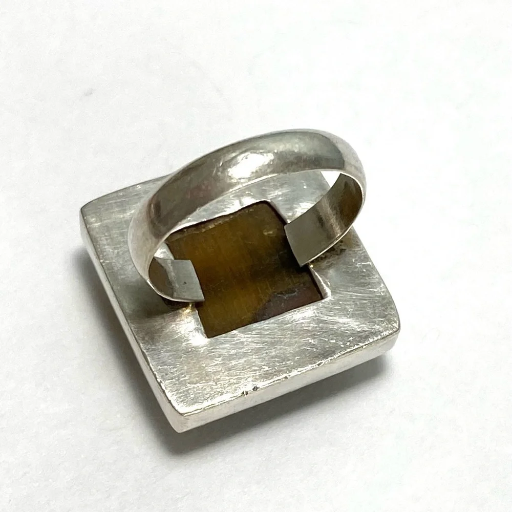 Tiger’s Eye 925 Artisan Native Ring Sterling Silver Size 7.25 Square 11.82g